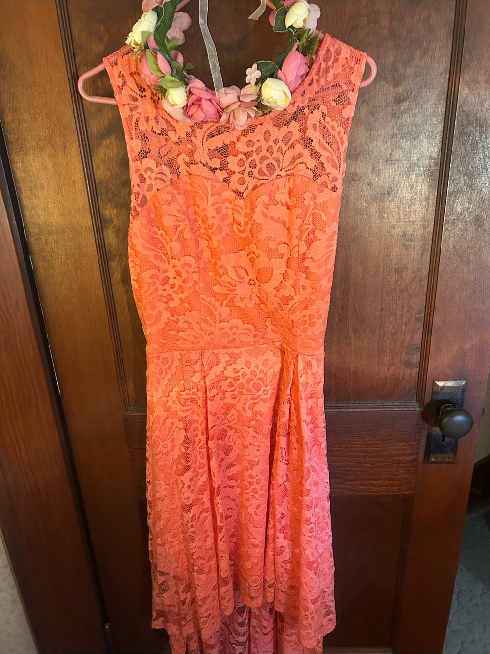 Amazon Coral Lace High-Low Cocktail Dress